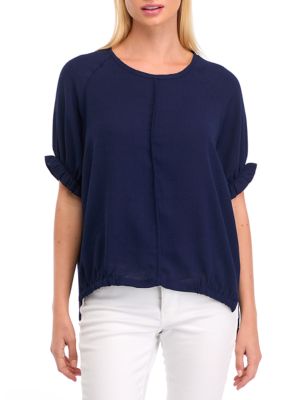 PATRIZIA LUCA Women's Solid Short Sleeve Woven Top, Navy Blue, XSmall