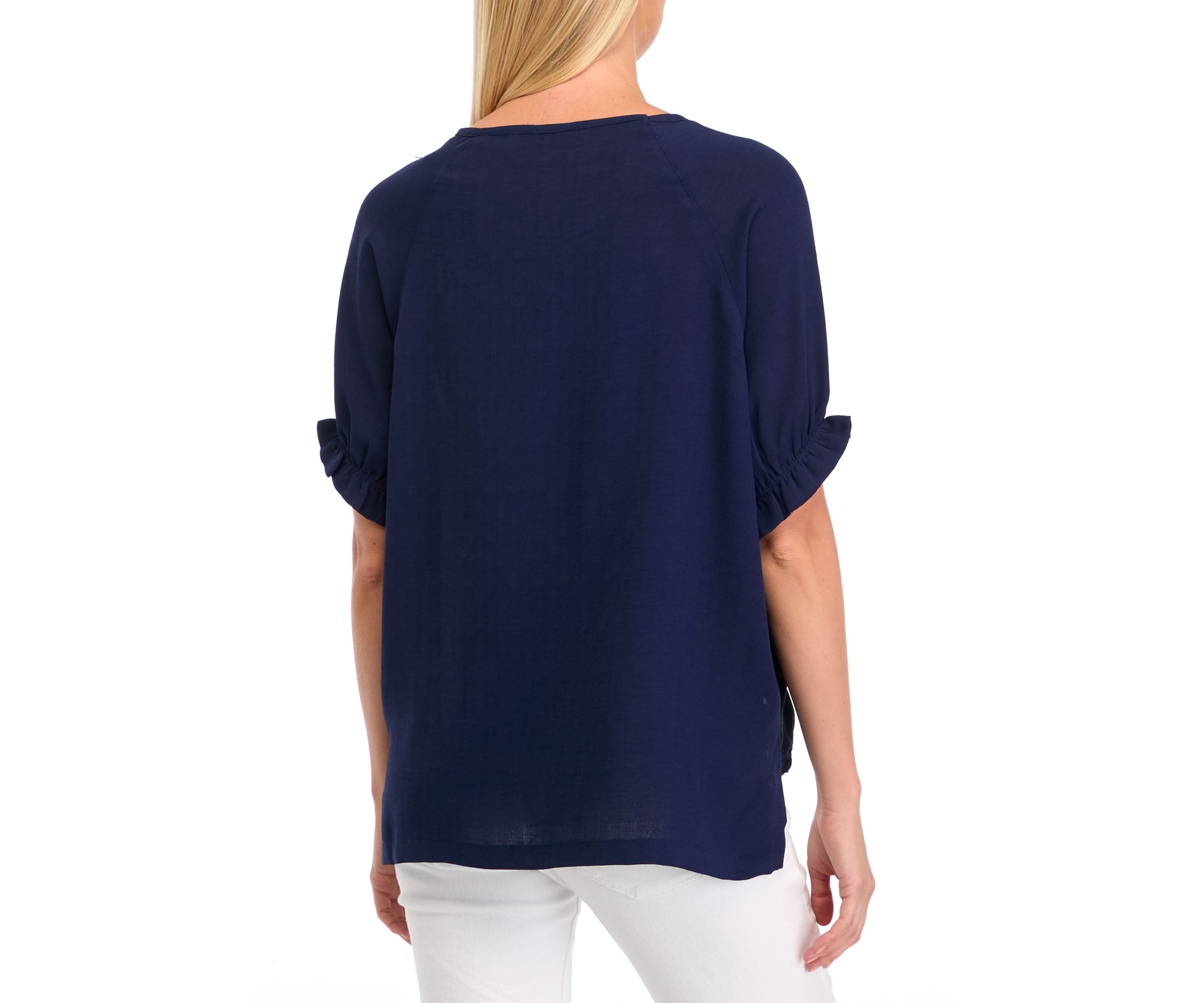 Womens Solid Short Sleeve Woven Top
