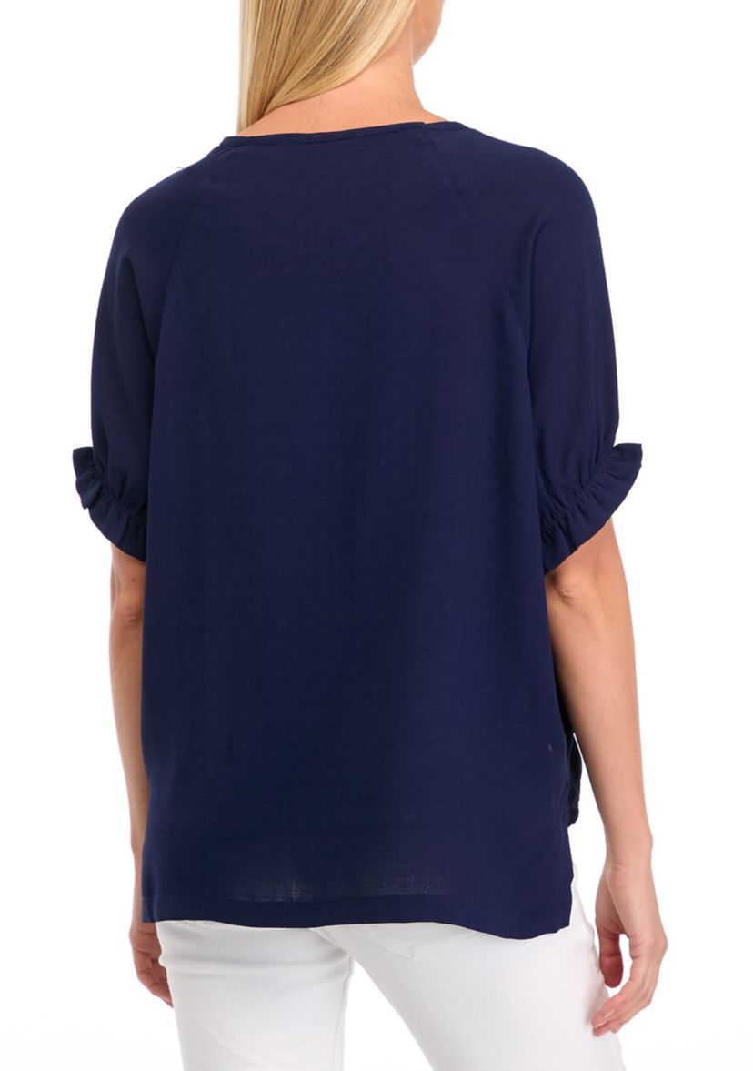 Womens Solid Short Sleeve Woven Top