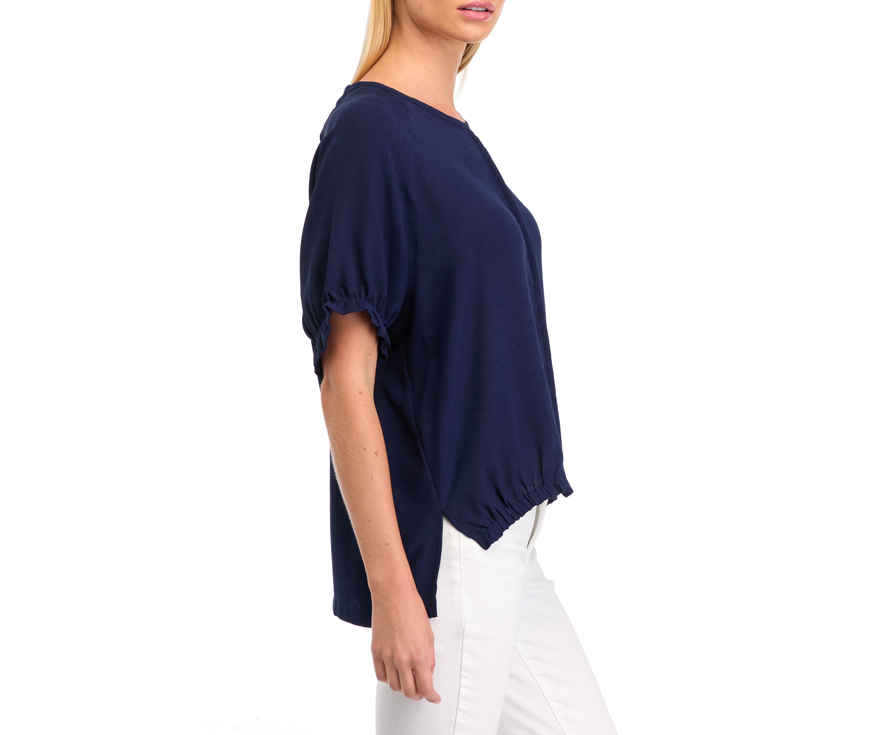 Womens Solid Short Sleeve Woven Top