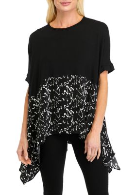 PATRIZIA LUCA Women's Partially Printed Flowy Blouse, Black