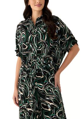 PATRIZIA LUCA Women's Elbow Dolman Sleeve Printed Button Front Blouse