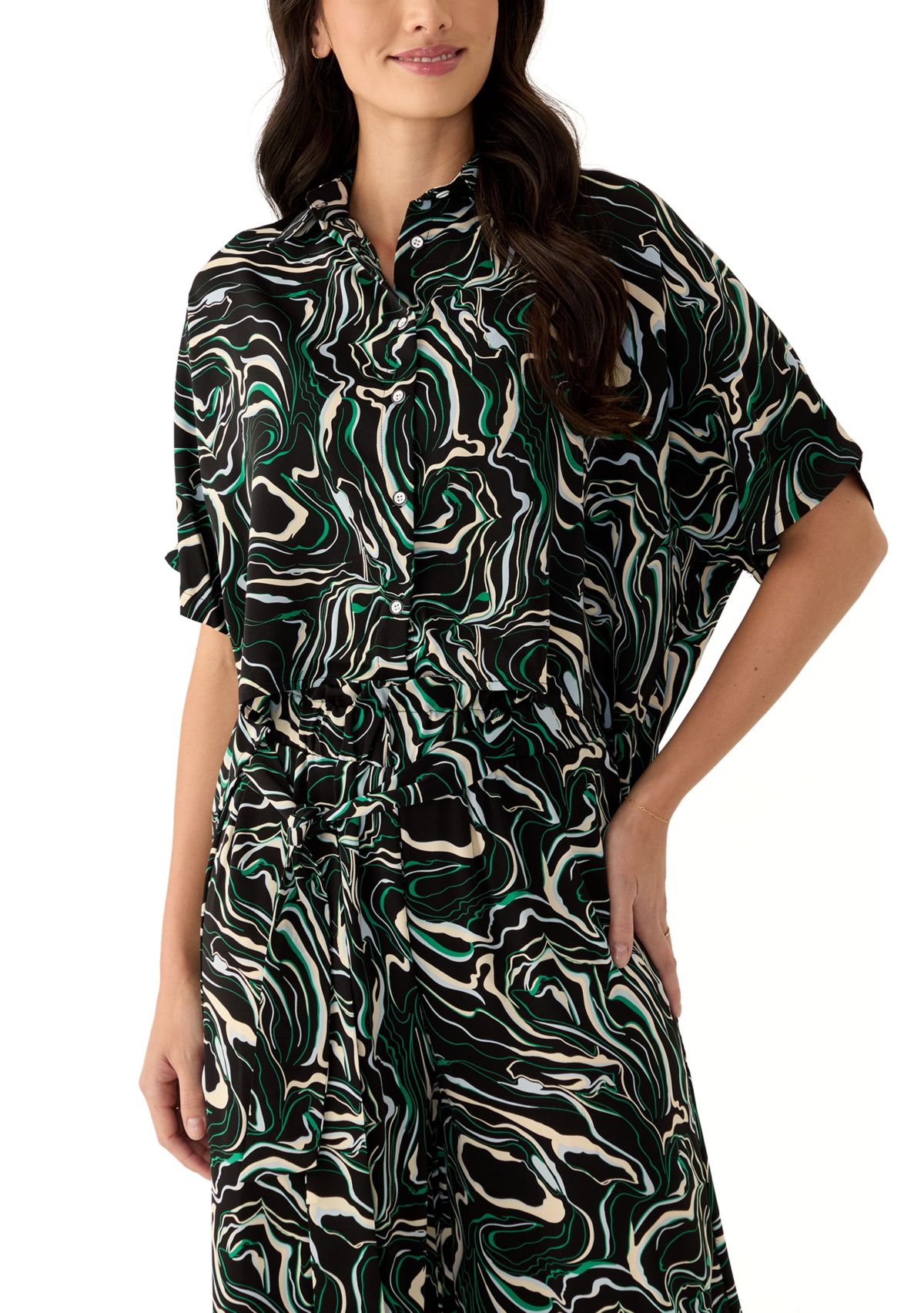 Womens Elbow Dolman Sleeve Printed Button Front Blouse