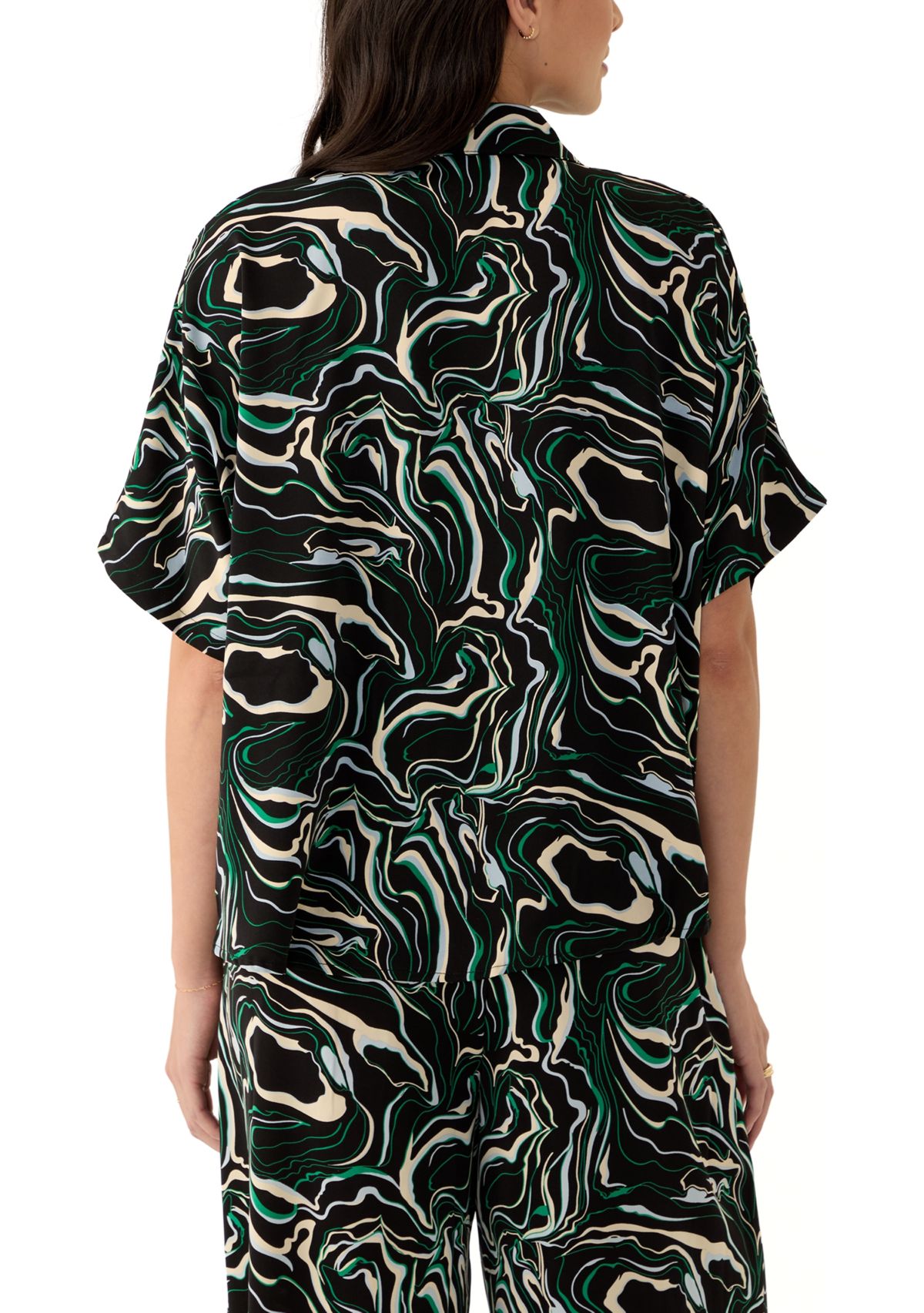 Womens Elbow Dolman Sleeve Printed Button Front Blouse