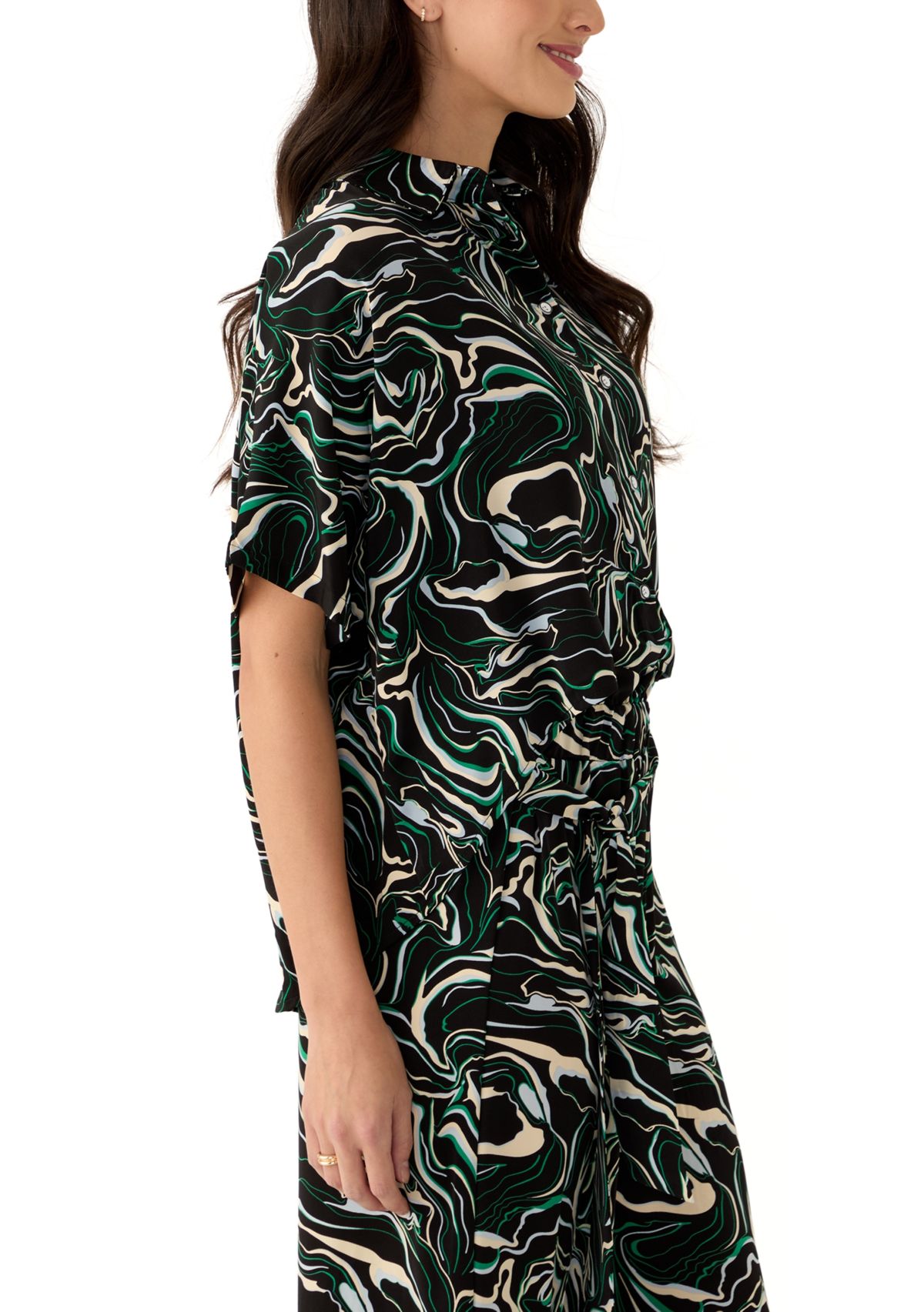 Womens Elbow Dolman Sleeve Printed Button Front Blouse