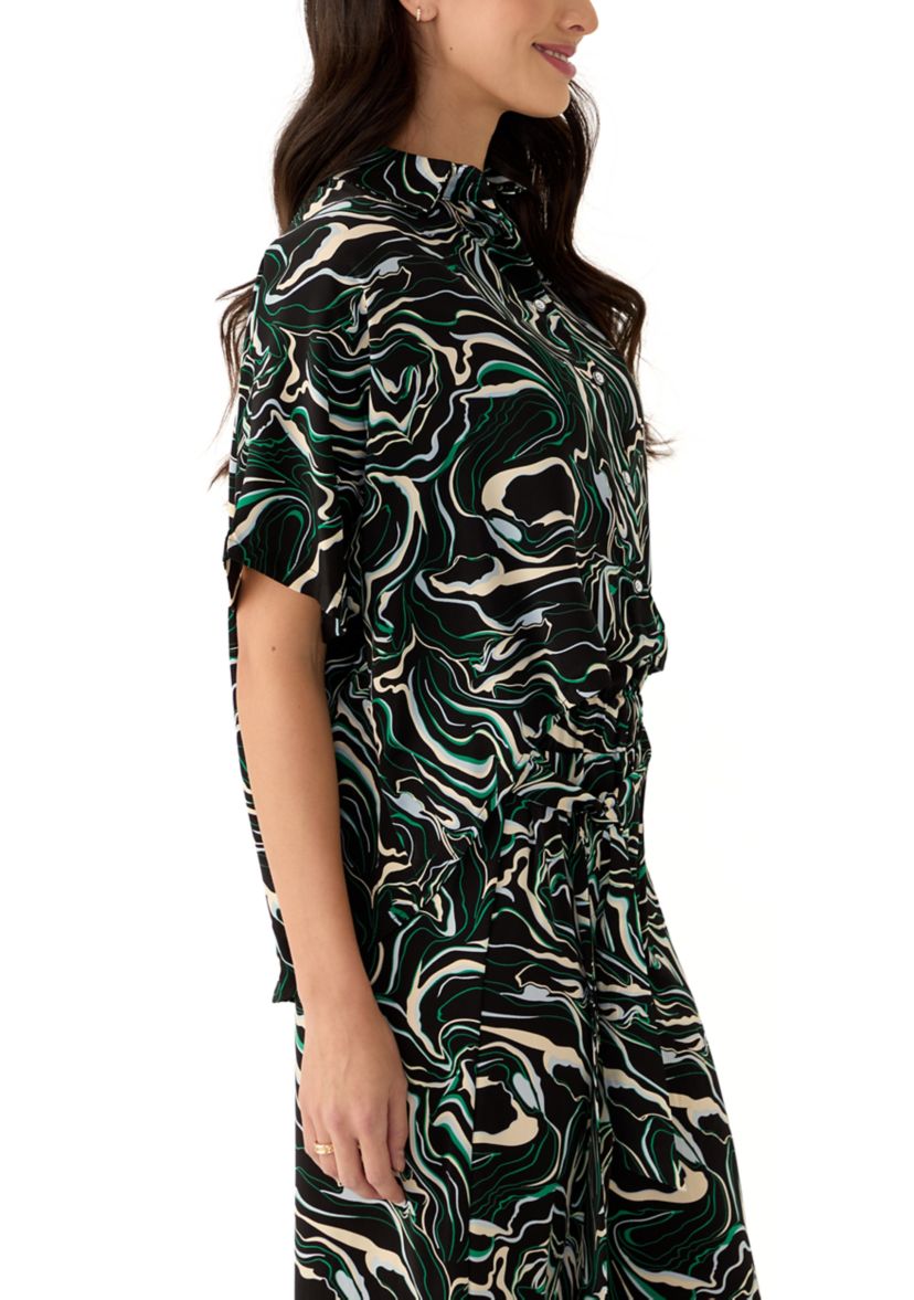 Womens Elbow Dolman Sleeve Printed Button Front Blouse