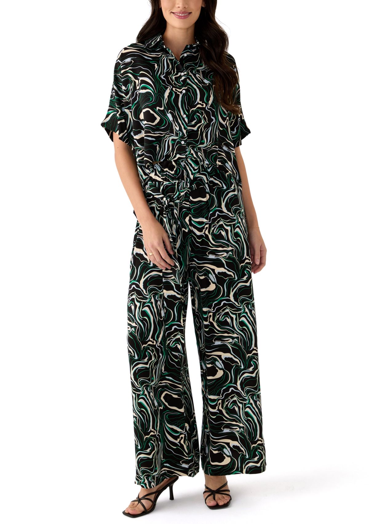 Womens Elbow Dolman Sleeve Printed Button Front Blouse