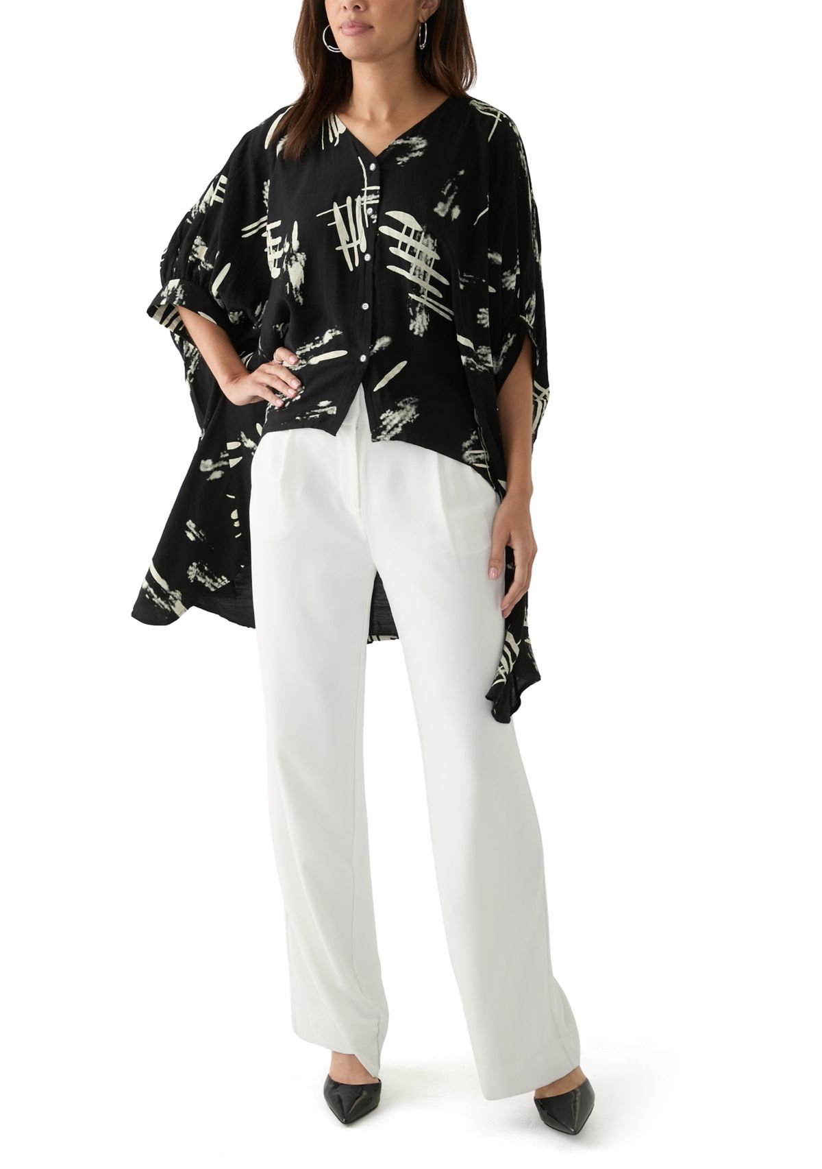 Womens High Low Button Front Printed Blouse