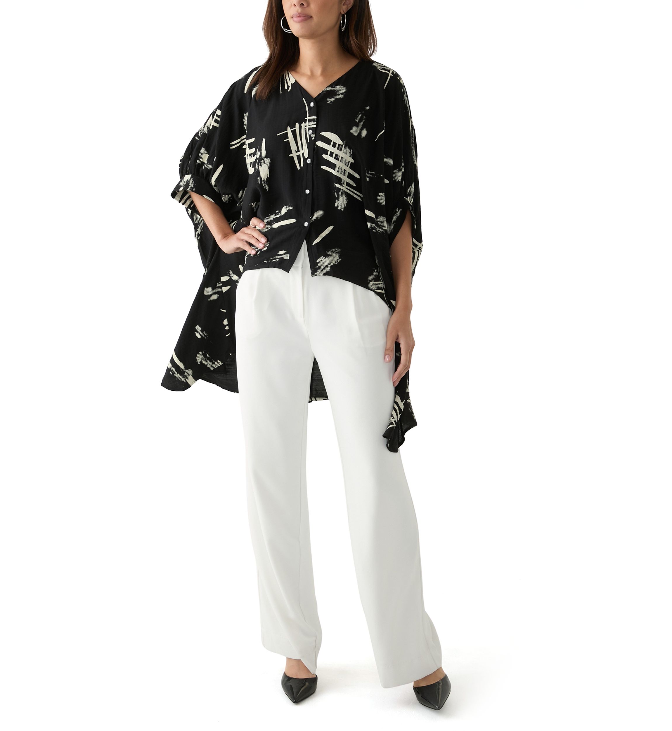 Womens High Low Button Front Printed Blouse