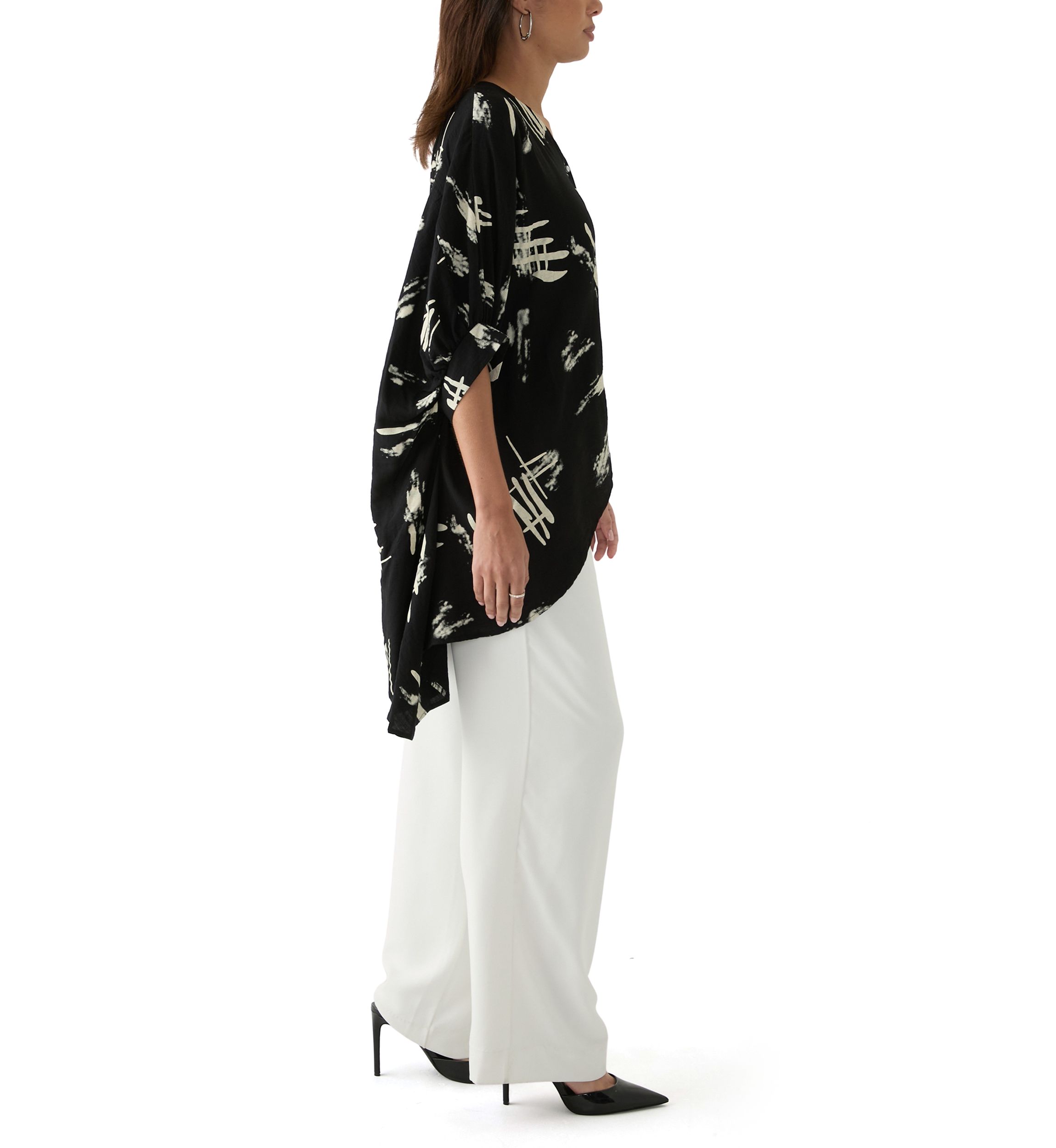 Womens High Low Button Front Printed Blouse