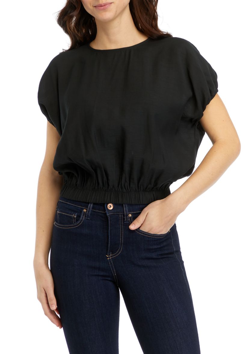 Womens Puff Sleeve Elastic Hem Top