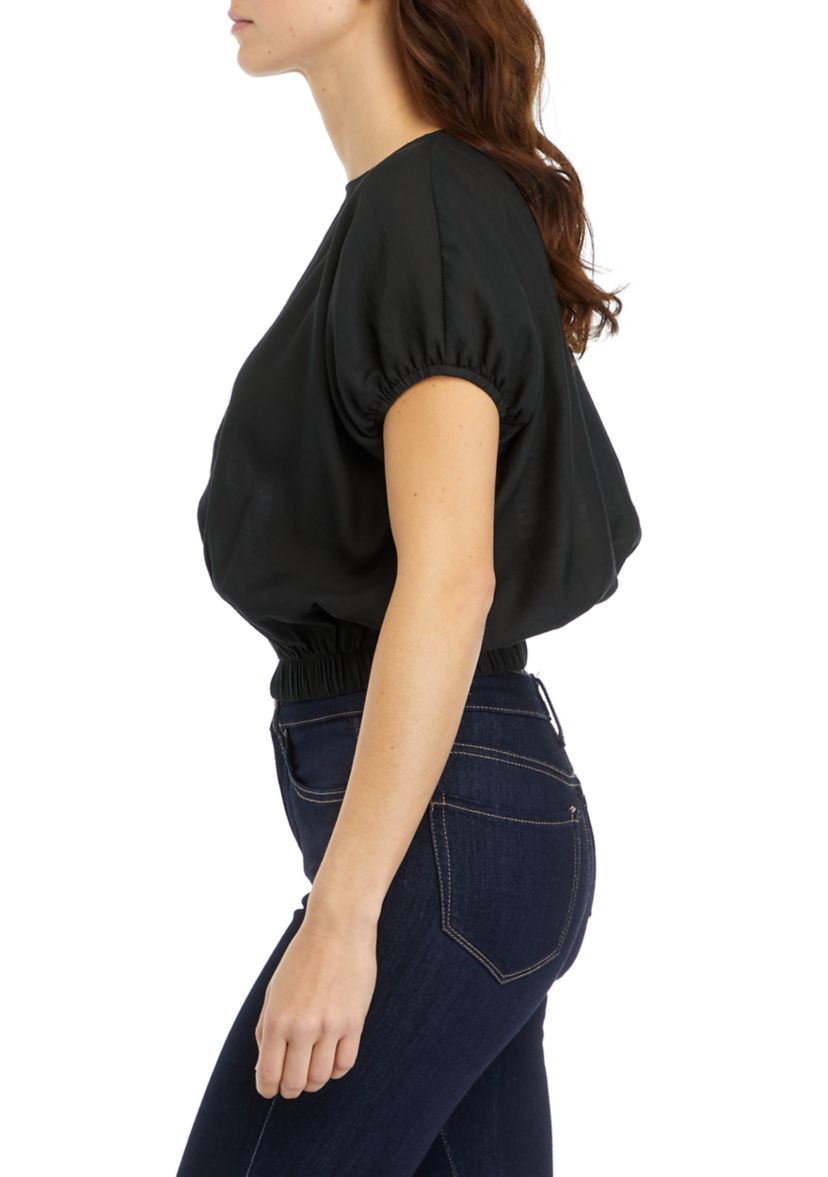 Womens Puff Sleeve Elastic Hem Top