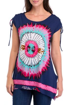 PATRIZIA LUCA Women's Short Sleeve Woven Graphic Tunic, Navy Blue, Small