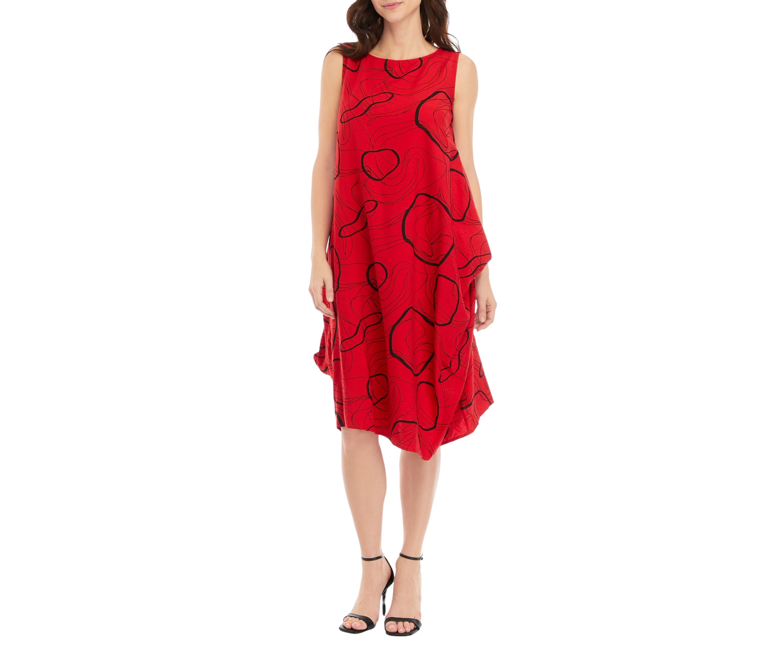 Womens Sleeveless Geo Print Side Ruched Midi Dress