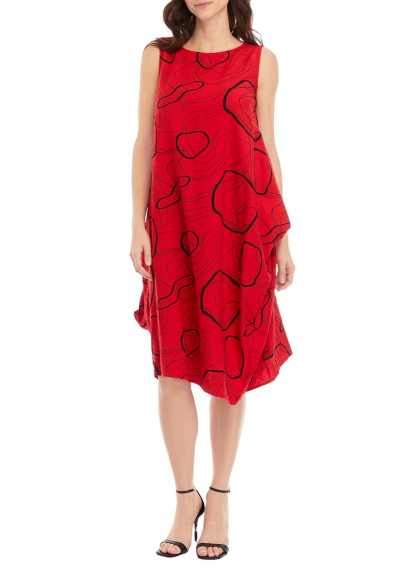 Womens Sleeveless Geo Print Side Ruched Midi Dress