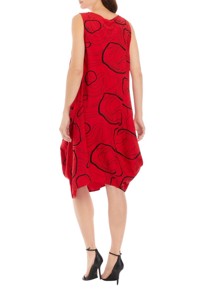 Womens Sleeveless Geo Print Side Ruched Midi Dress