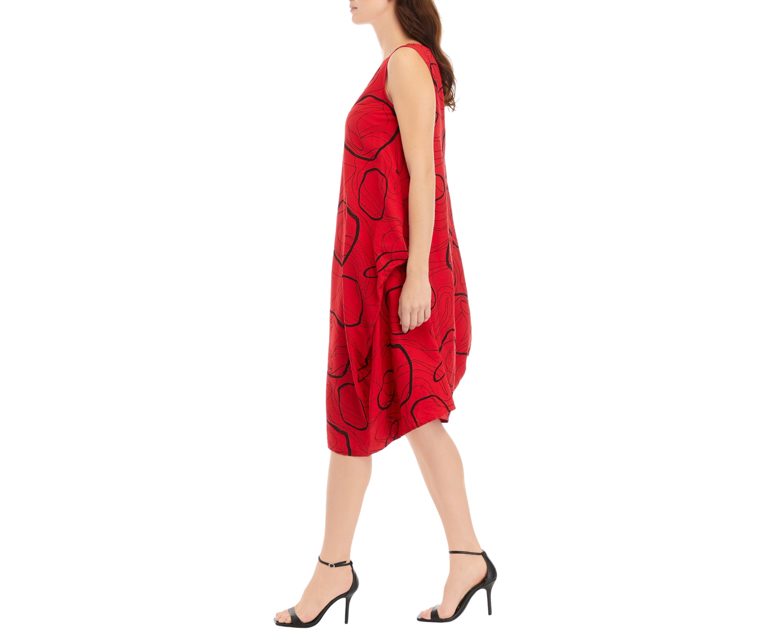 Womens Sleeveless Geo Print Side Ruched Midi Dress