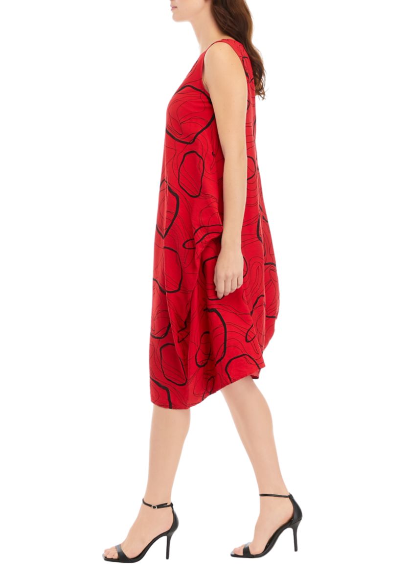 Womens Sleeveless Geo Print Side Ruched Midi Dress