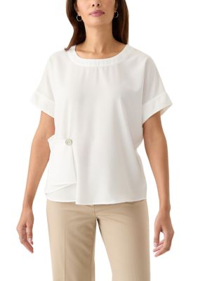PATRIZIA LUCA Women's Round Neck Button Blouse, White, L/XL