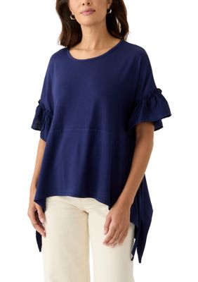 PATRIZIA LUCA Women's Ruffle Blouse, Navy Blue, M/L