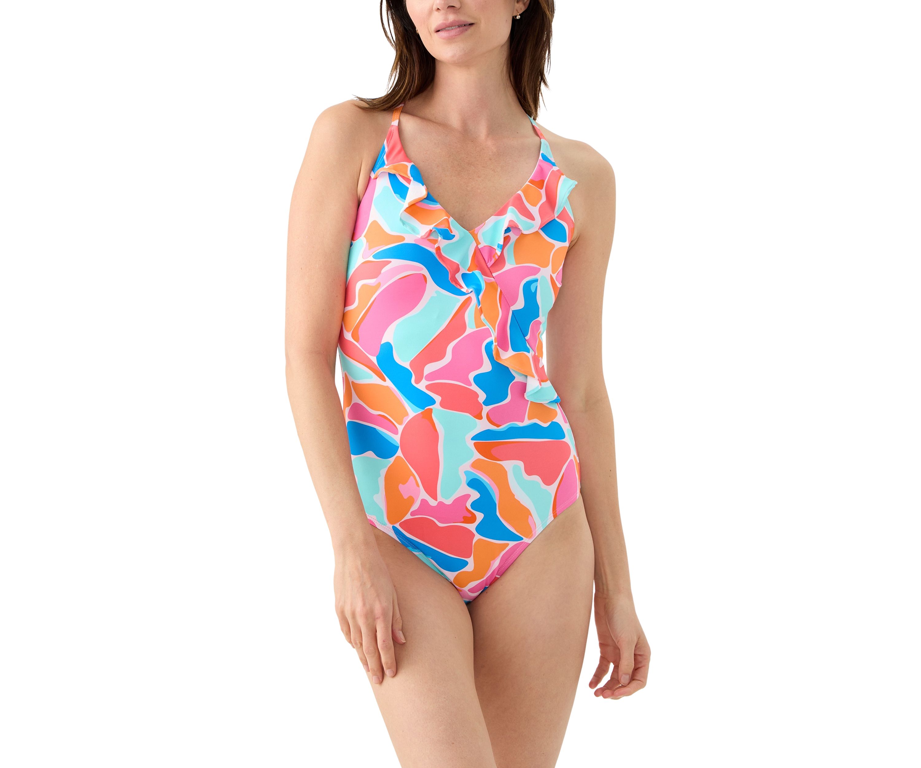 Ruffle Surplice Abstract X-Back Mio Swimsuit 