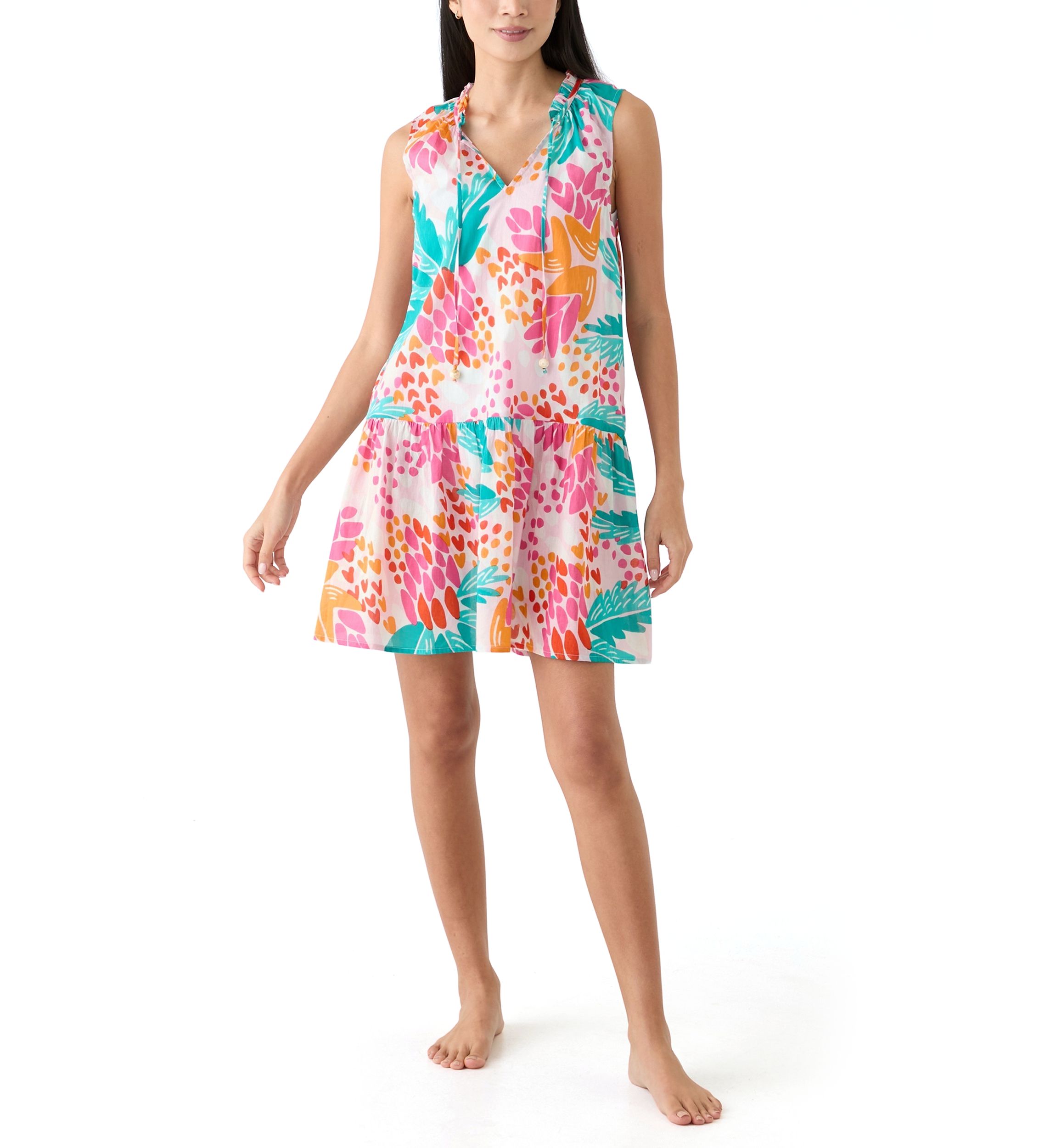 Womens Sleeveless Abstract Tropical Swim Cover Up Dress