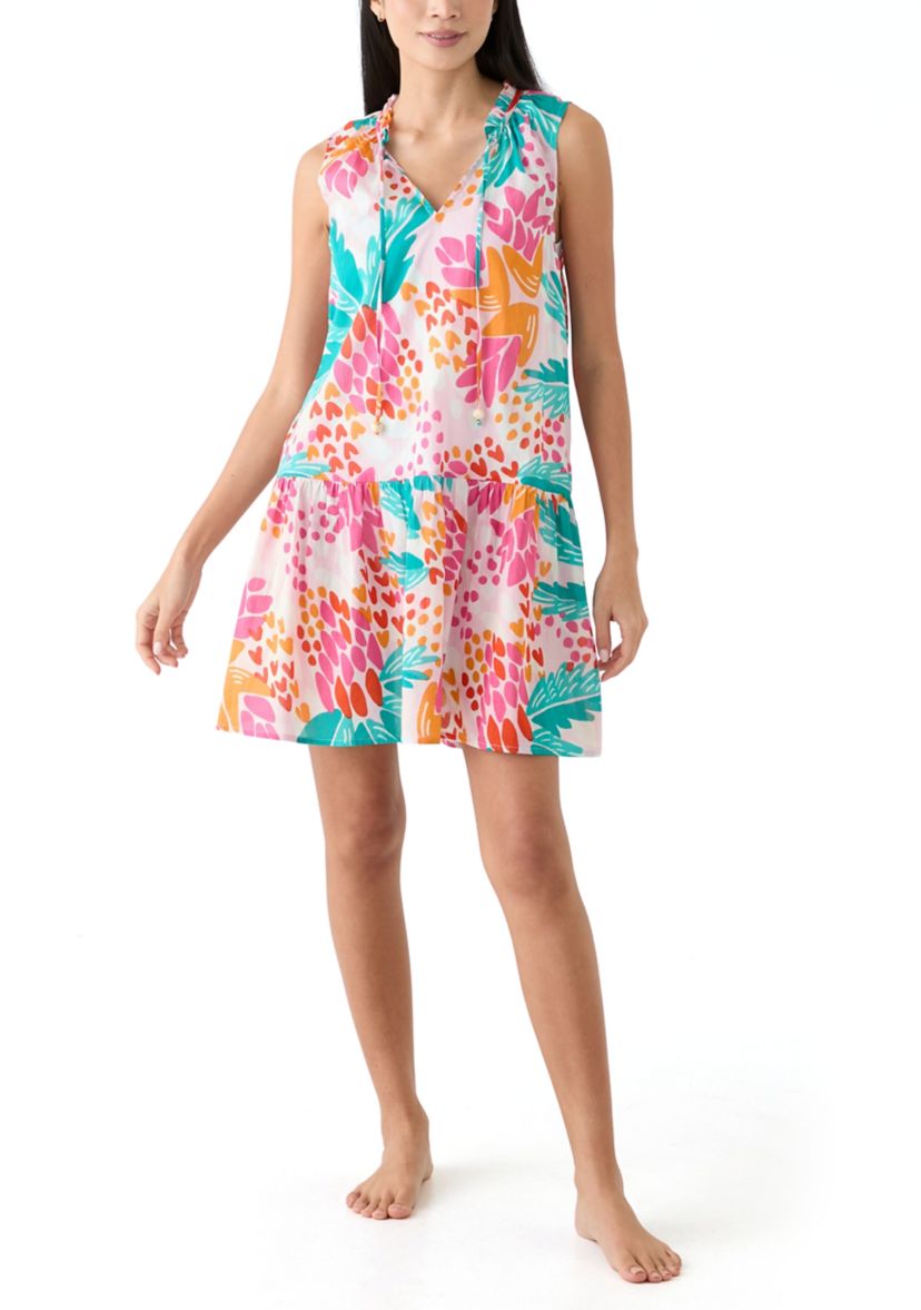 Womens Sleeveless Abstract Tropical Swim Cover Up Dress