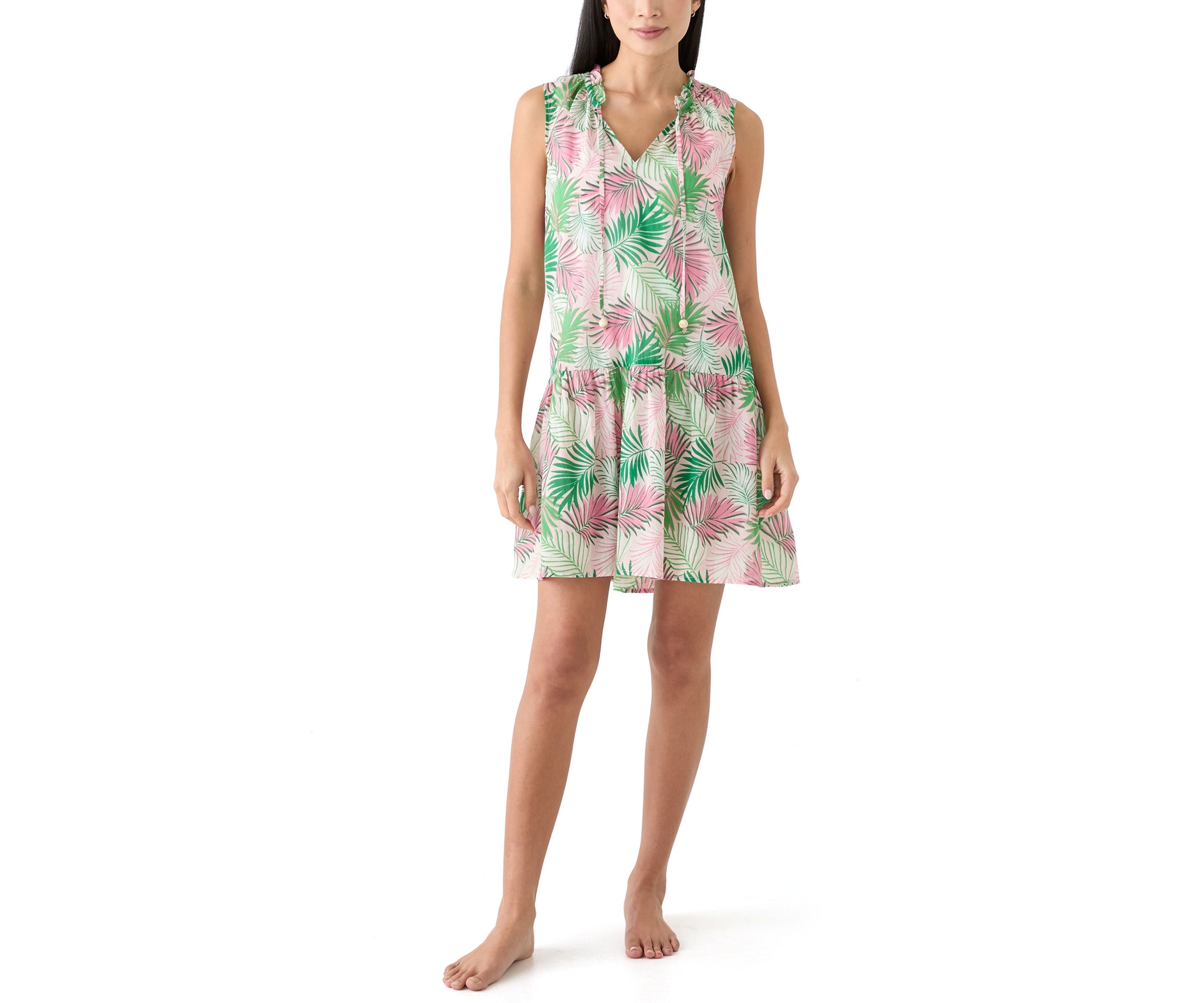 Womens Sleeveless Multi Palms Swim Cover Up Dress
