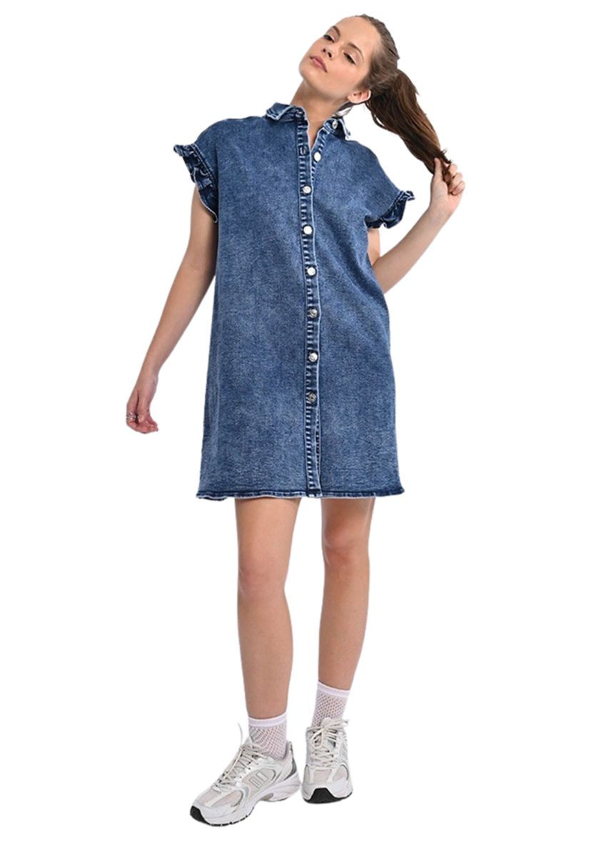 Womens Denim Ruffle Sleeve Shirtdress
