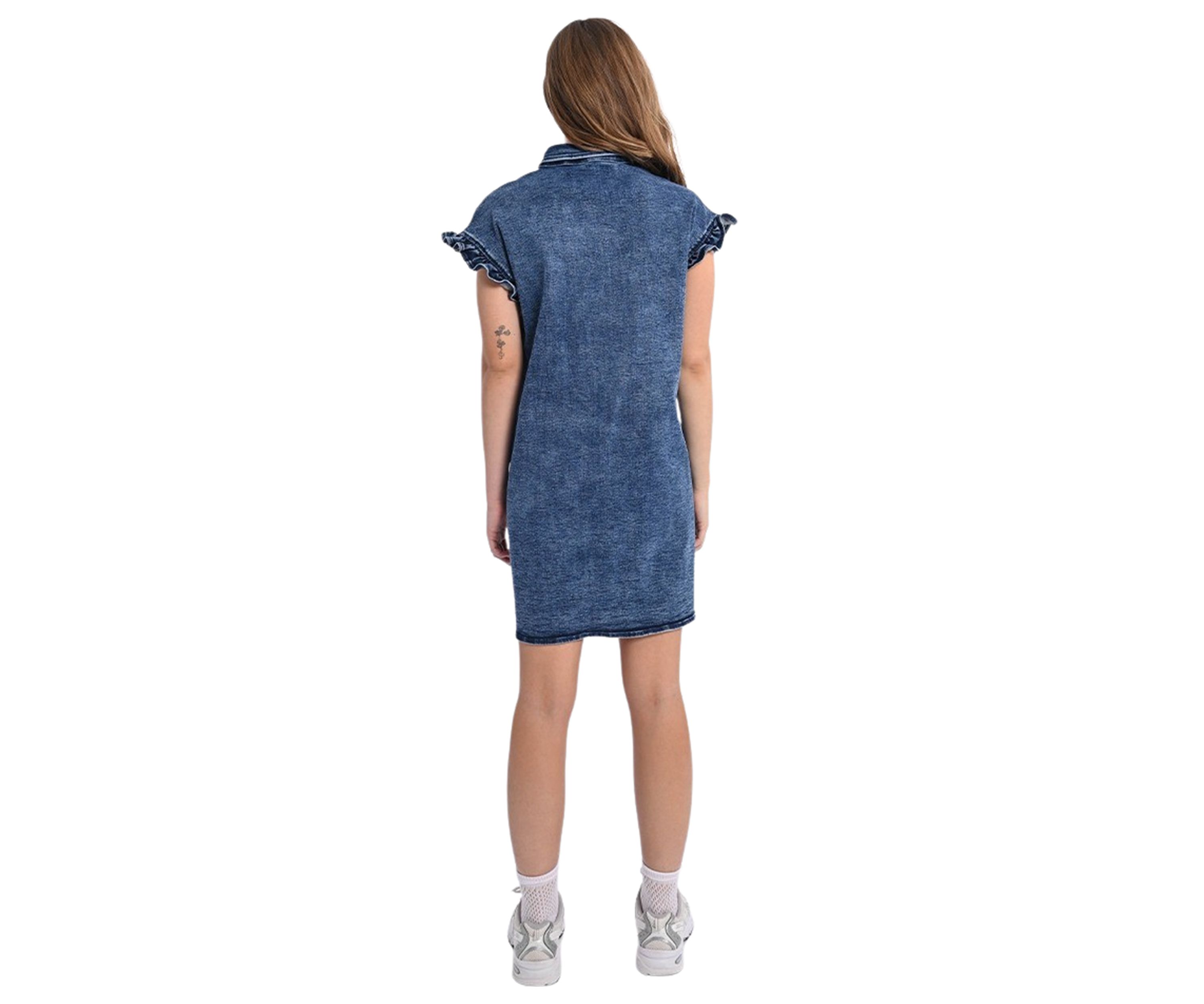 Womens Denim Ruffle Sleeve Shirtdress