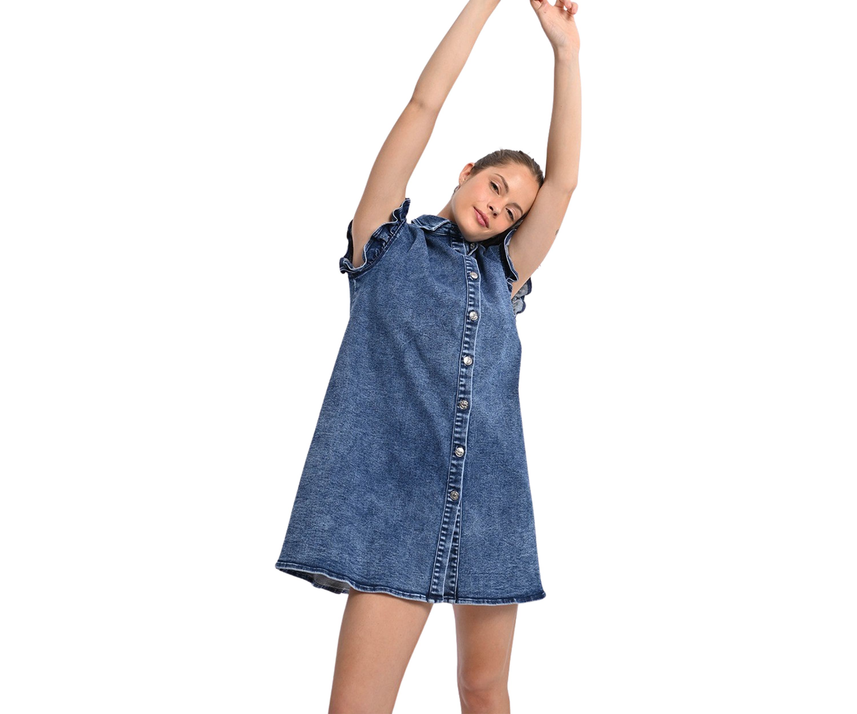 Womens Denim Ruffle Sleeve Shirtdress