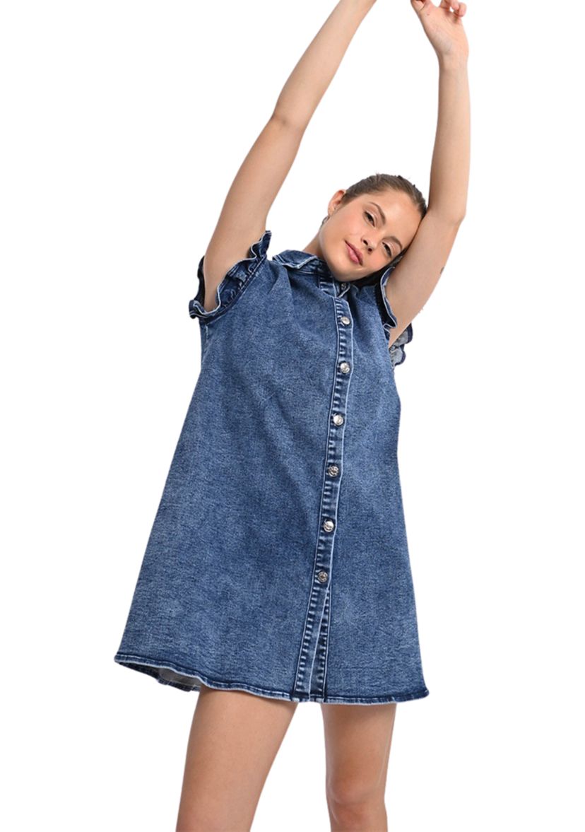 Womens Denim Ruffle Sleeve Shirtdress