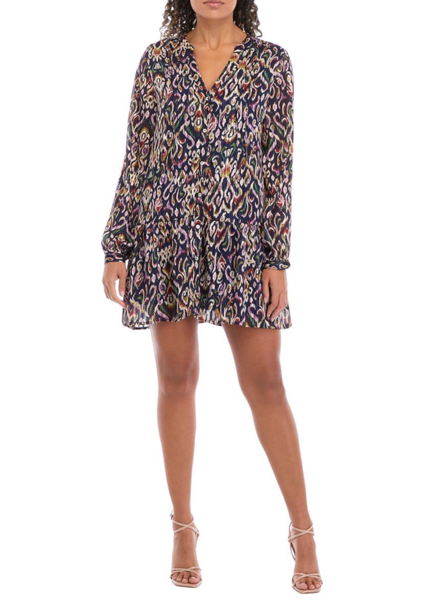 Womens Blouson Sleeve Printed Woven Dress