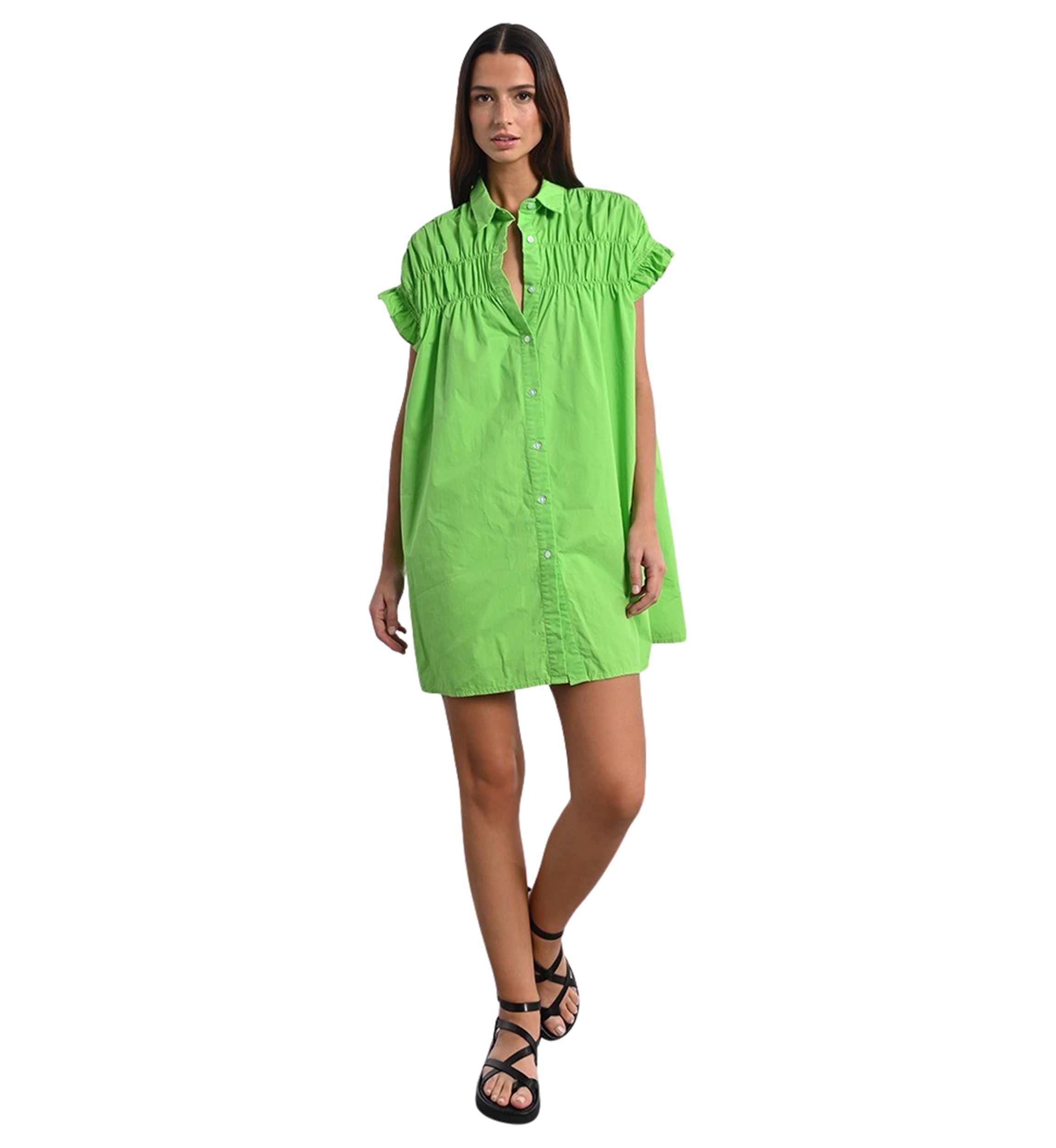 Womens Solid Smock Ruffle Sleeve Shirtdress