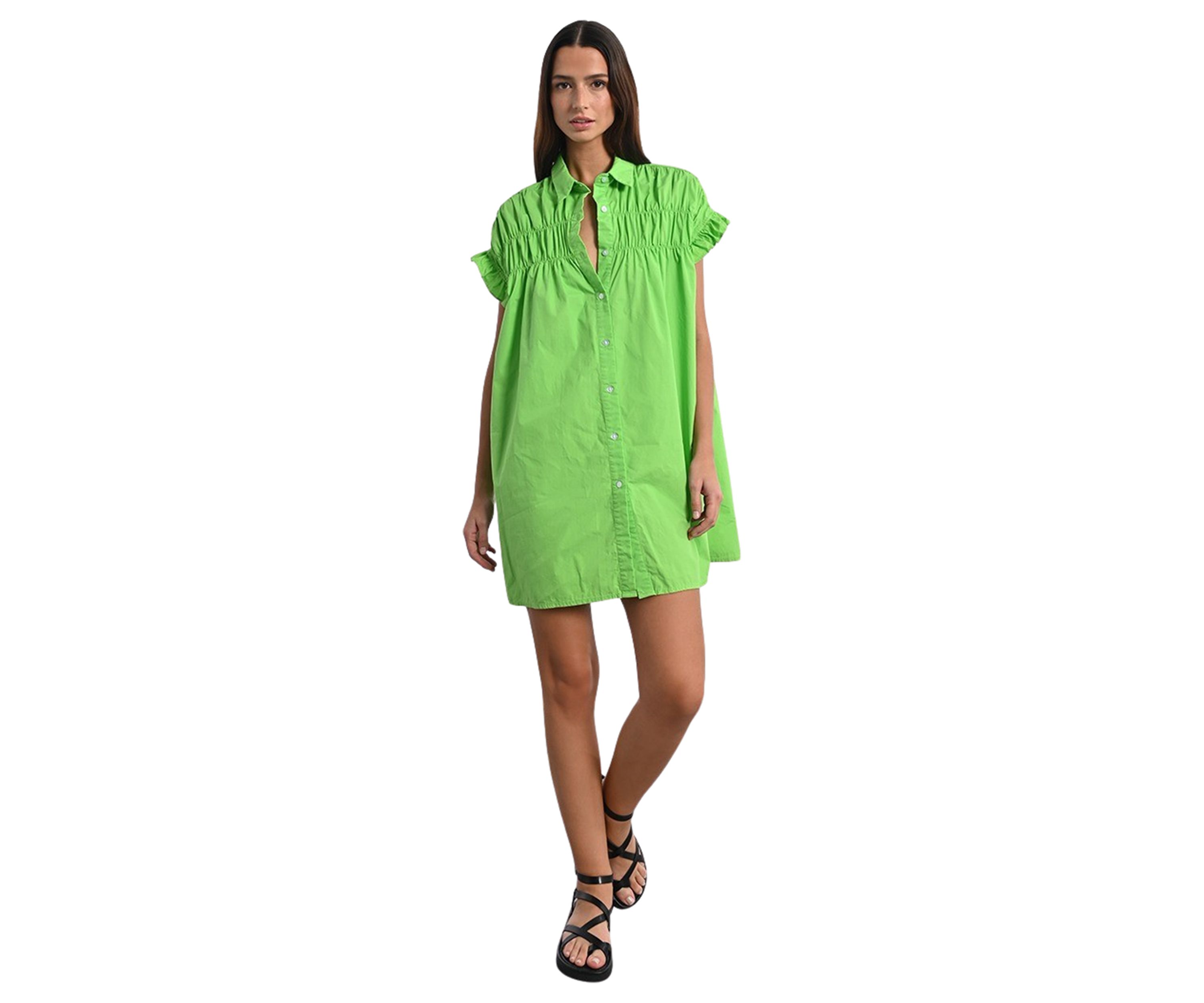 Womens Solid Smock Ruffle Sleeve Shirtdress