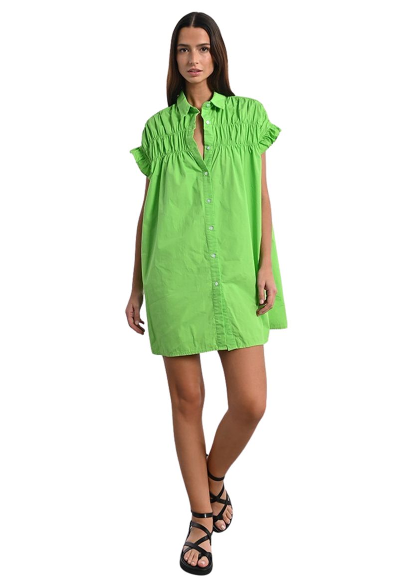 Womens Solid Smock Ruffle Sleeve Shirtdress
