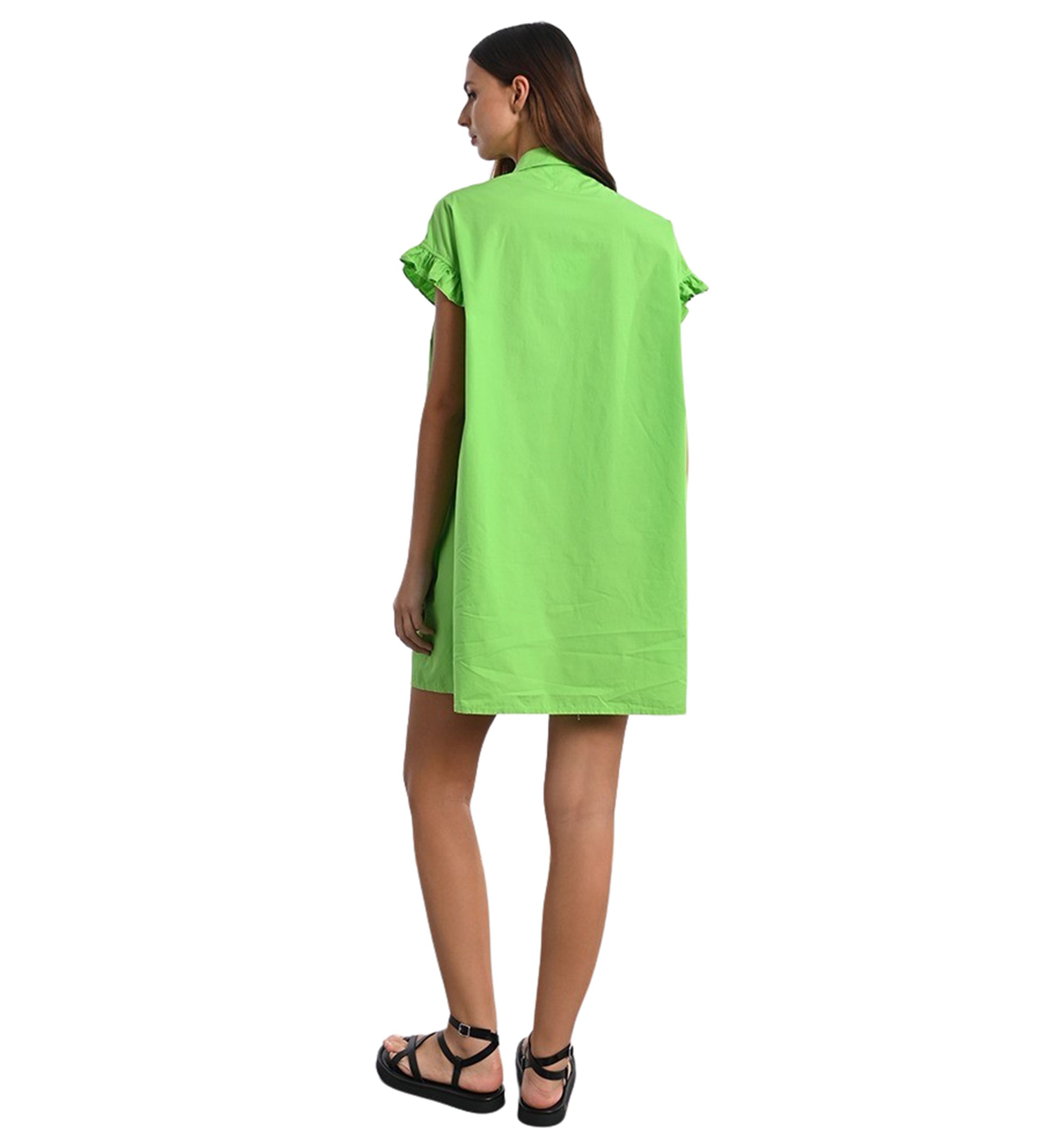 Womens Solid Smock Ruffle Sleeve Shirtdress