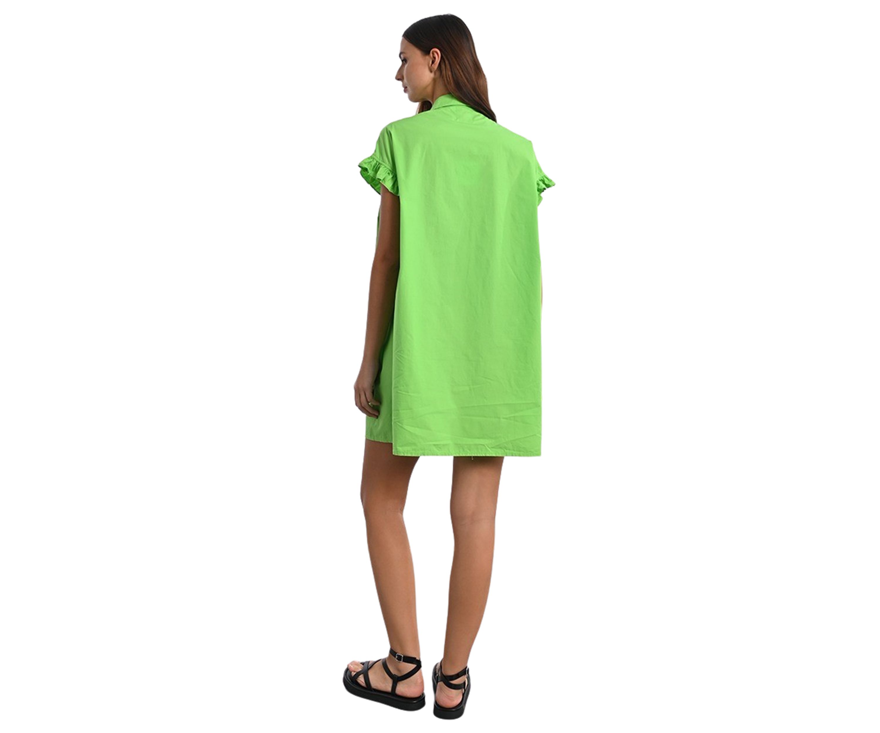 Womens Solid Smock Ruffle Sleeve Shirtdress