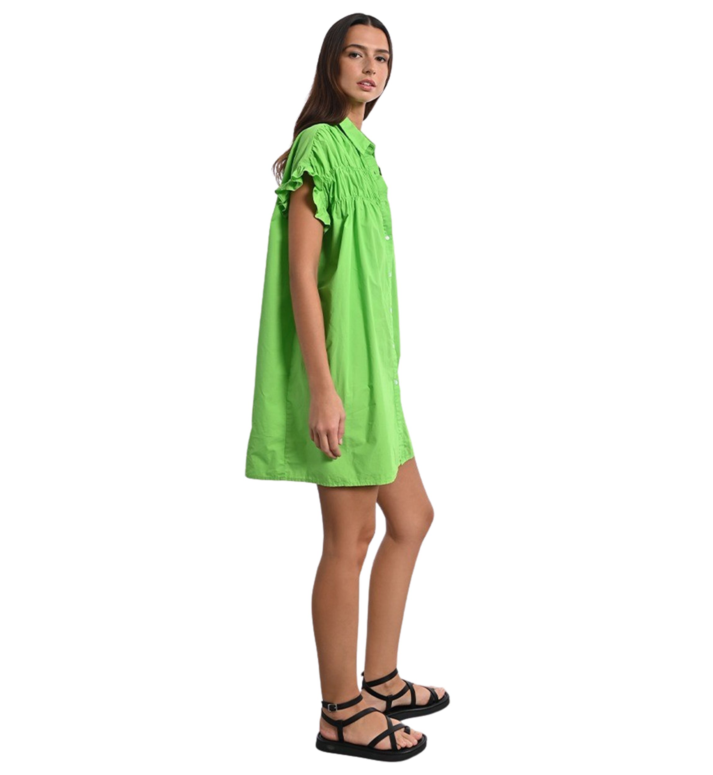 Womens Solid Smock Ruffle Sleeve Shirtdress