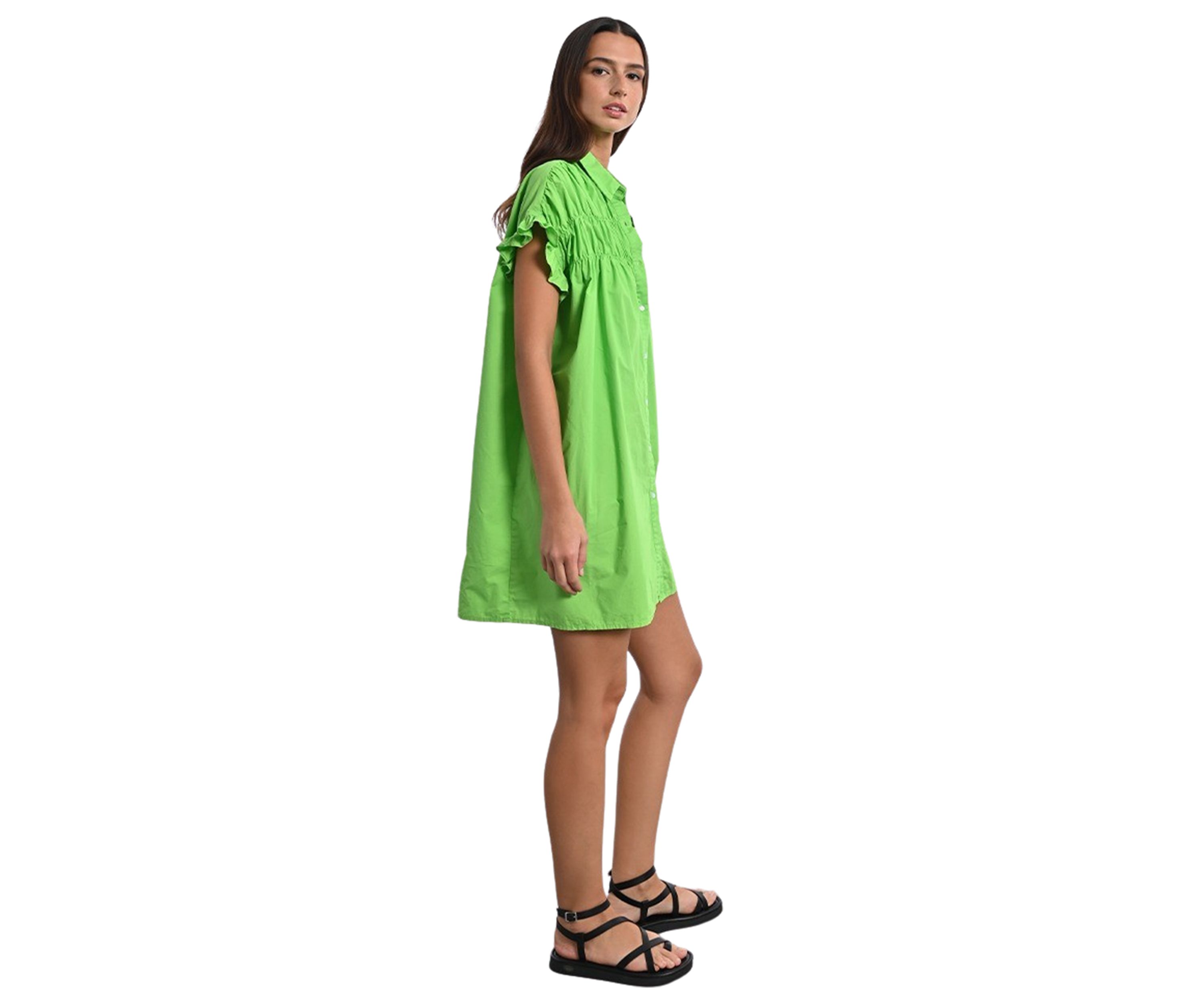 Womens Solid Smock Ruffle Sleeve Shirtdress