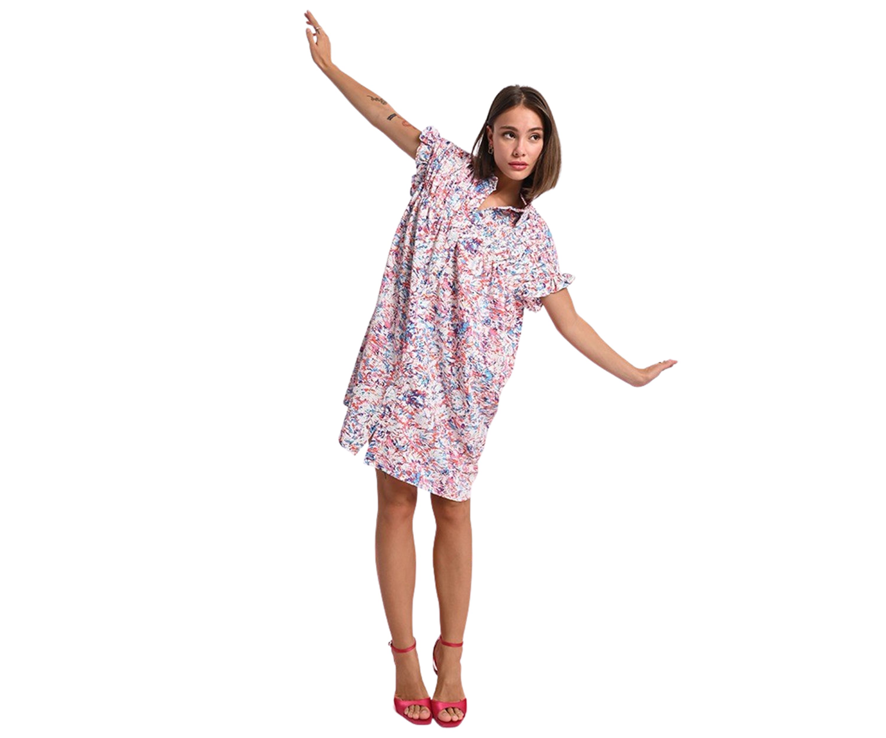 Womens Printed Smock Ruffle Sleeve Shirtdress