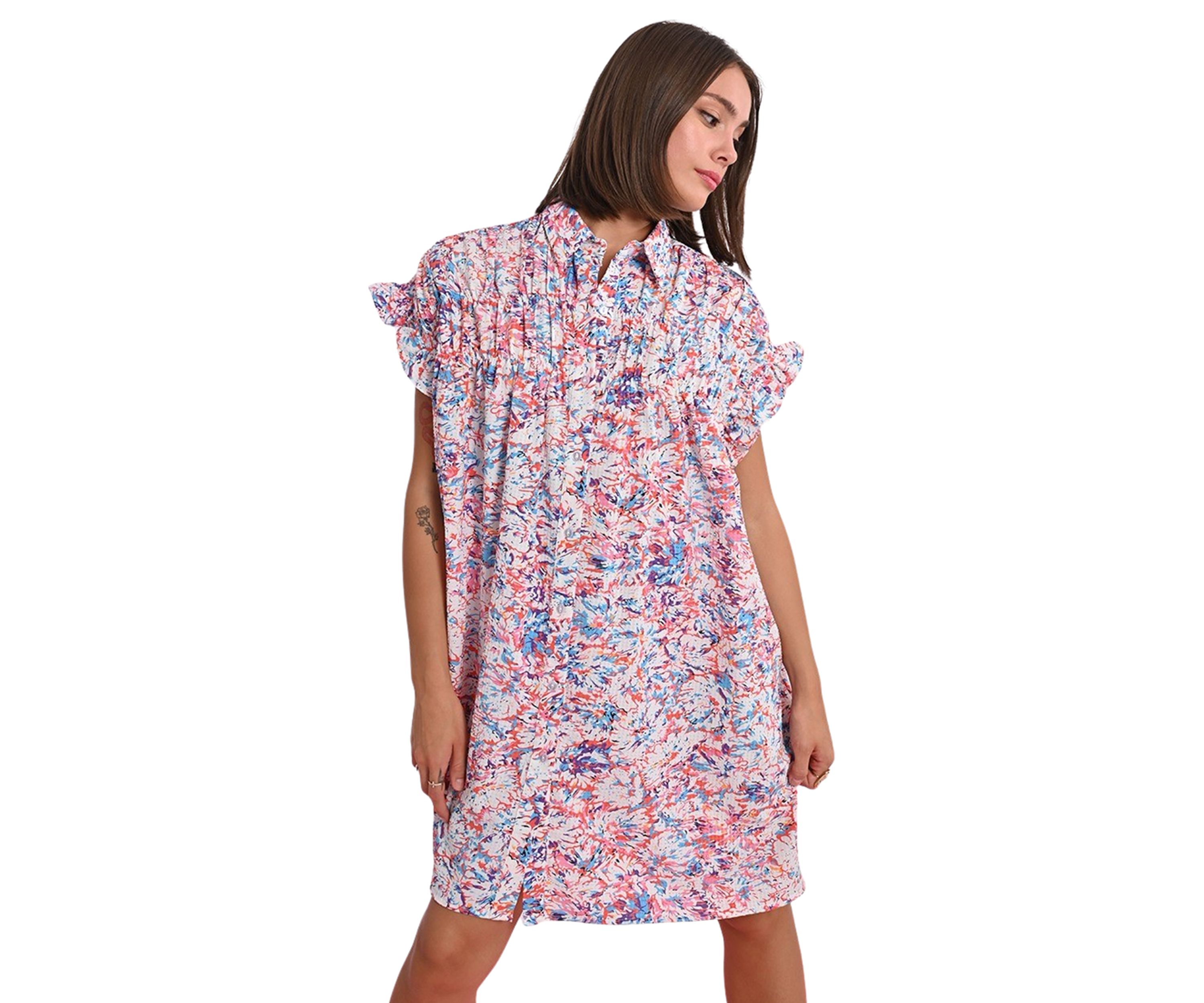 Womens Printed Smock Ruffle Sleeve Shirtdress