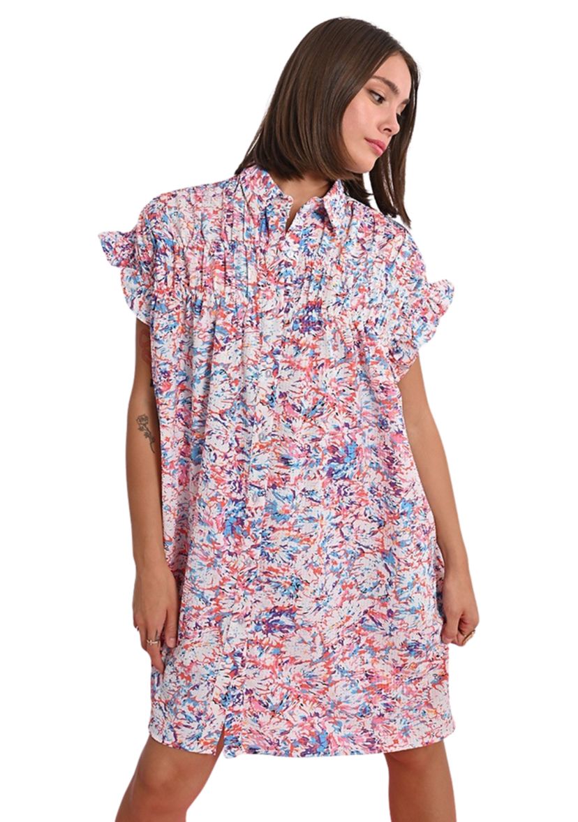 Womens Printed Smock Ruffle Sleeve Shirtdress