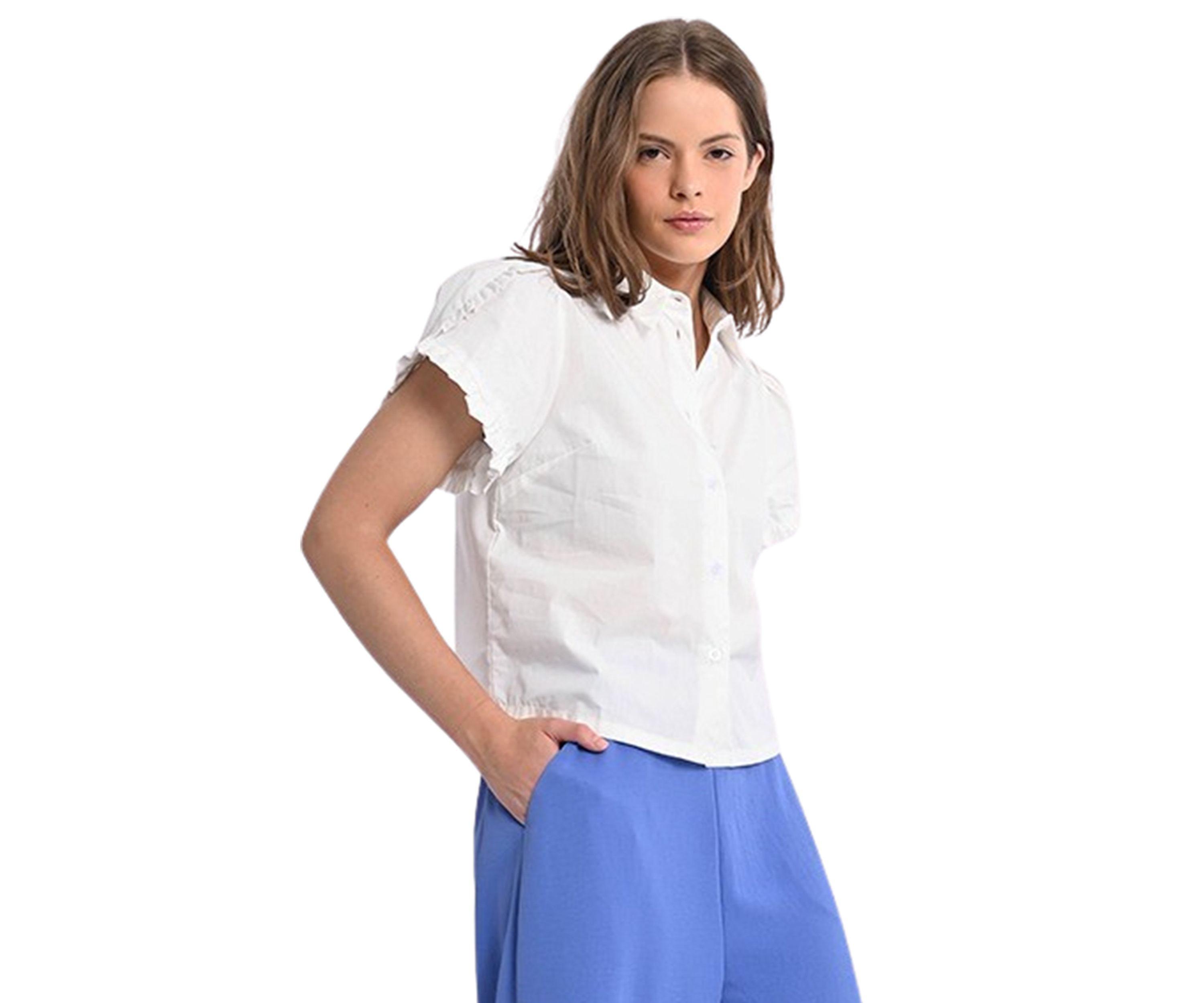 Womens Short Sleeve Ruffle Woven Shirt
