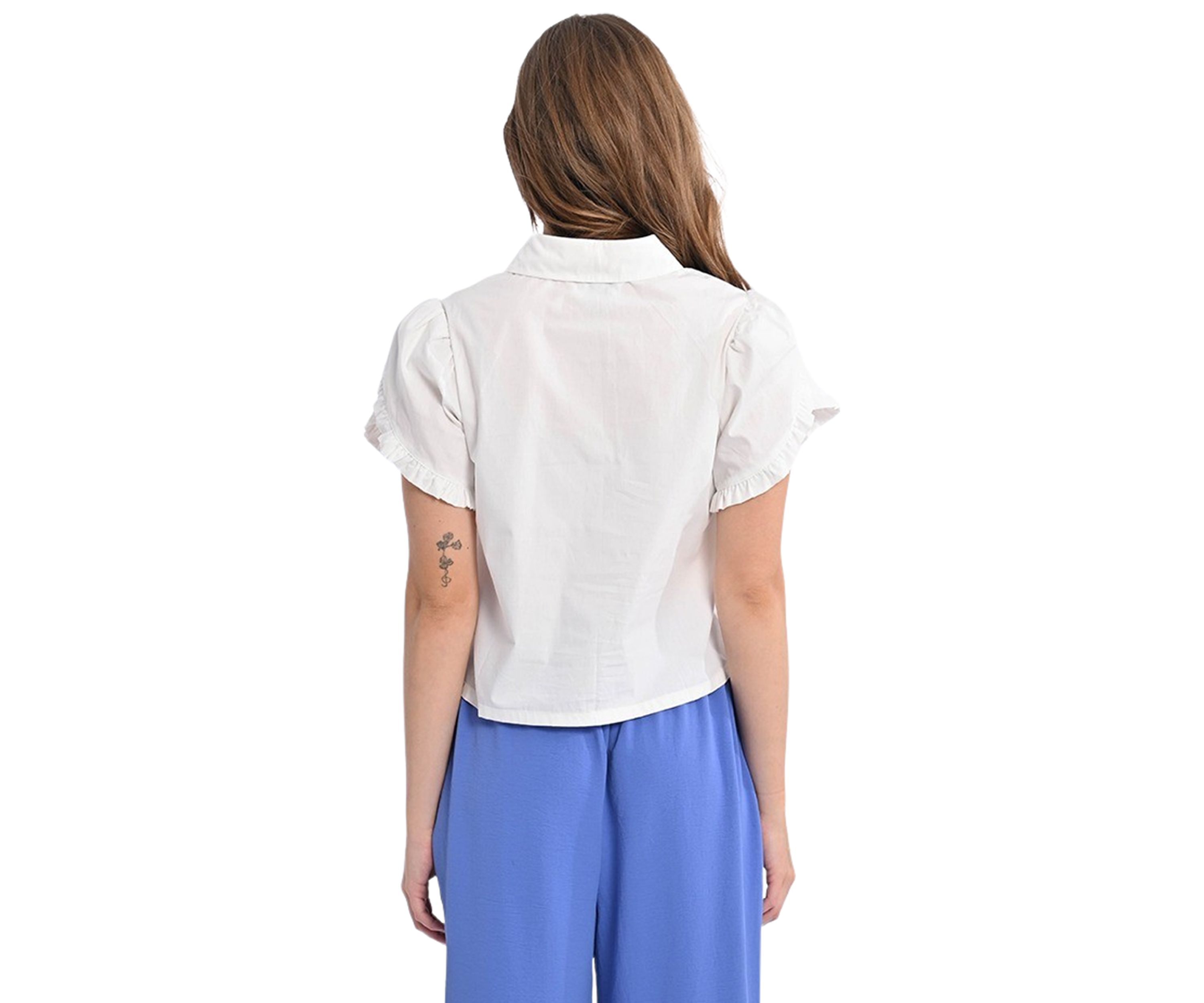 Womens Short Sleeve Ruffle Woven Shirt