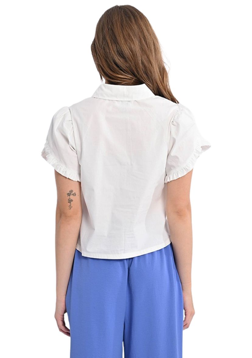 Womens Short Sleeve Ruffle Woven Shirt