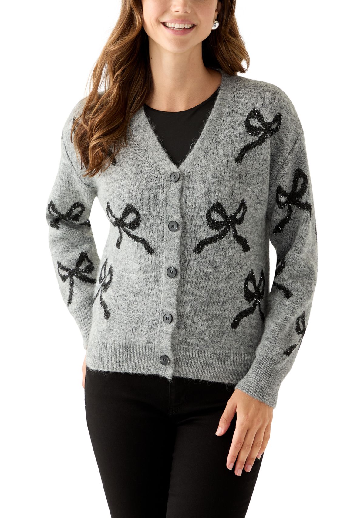 Womens Button Front Bow Print Cardigan 