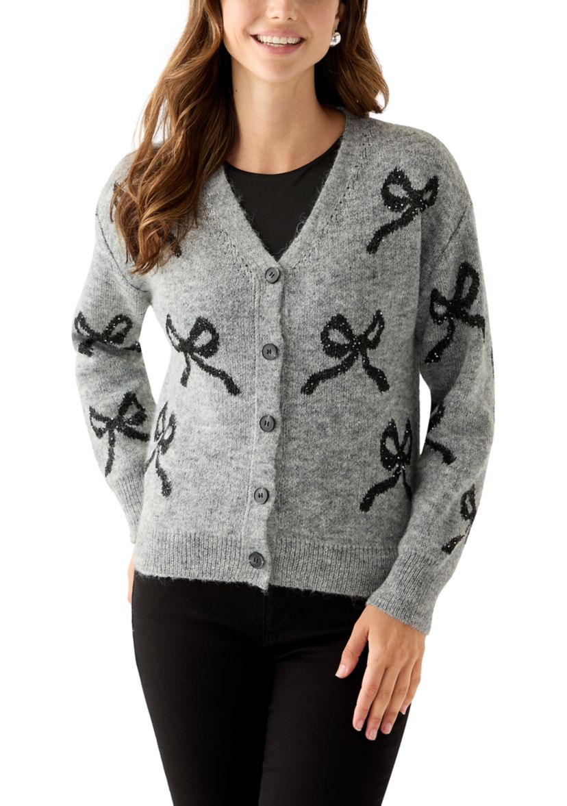 Womens Button Front Bow Print Cardigan 