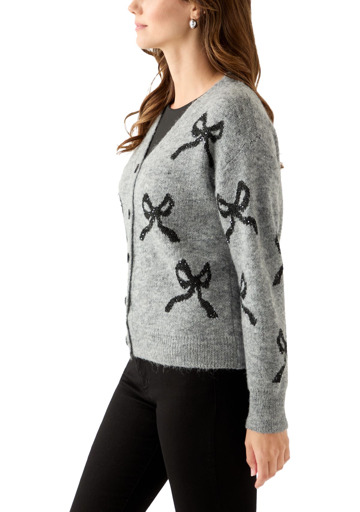 Womens Button Front Bow Print Cardigan 