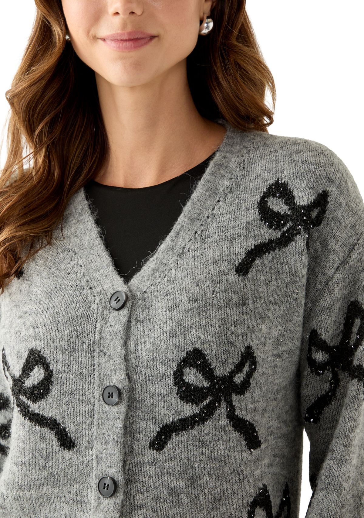 Womens Button Front Bow Print Cardigan 
